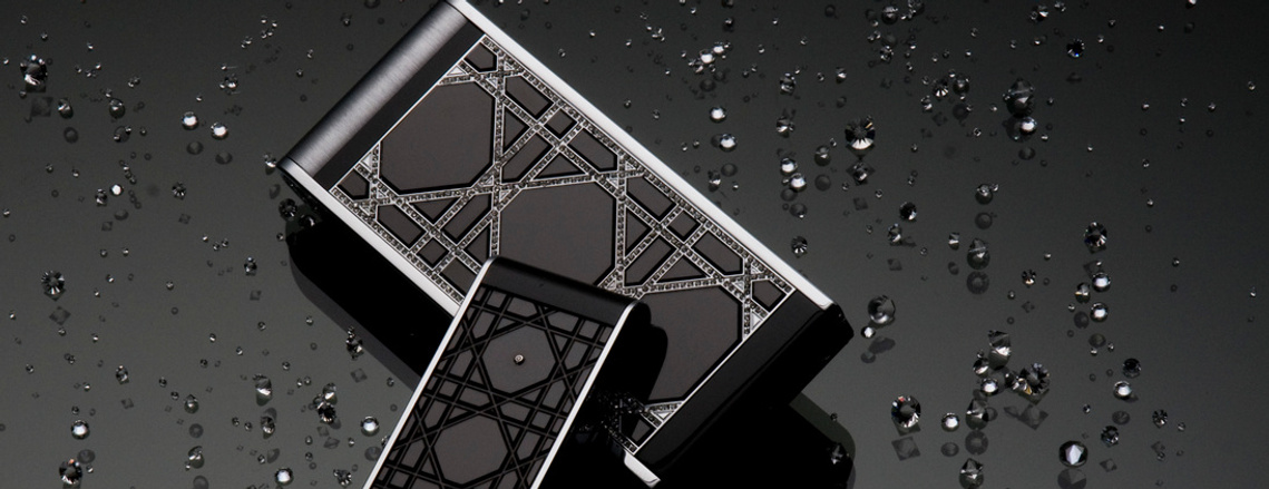 luxury phone made by christian Dior.  diamond studded.  advertorial and editorial photography