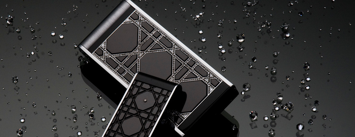 luxury phone made by christian Dior.  diamond studded.  advertorial and editorial photography