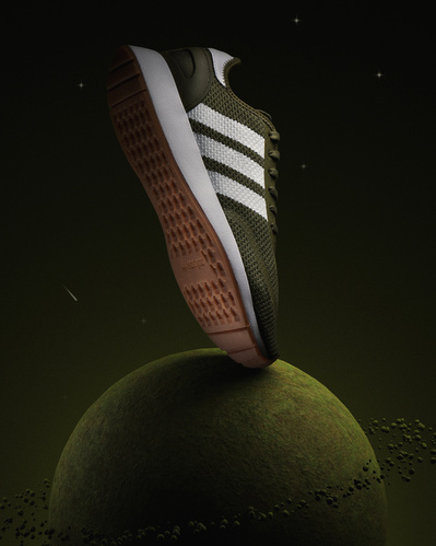 Made with CGI and Photography. An Adidas trainer sitting on a grass planet. 
