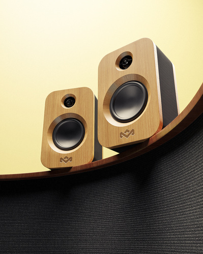 Made with CGI. Two music speakers sat on a shelf that is an amplifier. 