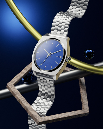 Made with CGI. A Nixon watch floating in a surreal landscape. 