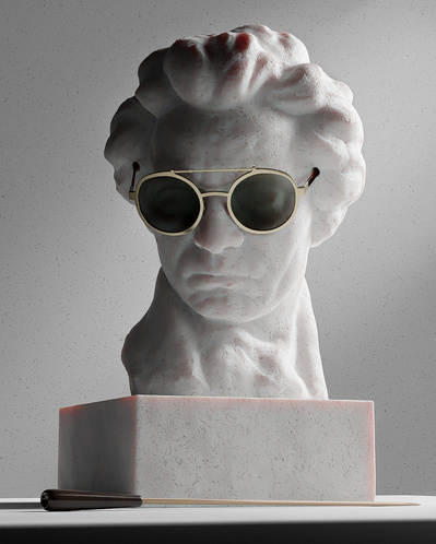 Made with CGI. A Bust of the composer Beethoven wearing a pair of sunglasses.