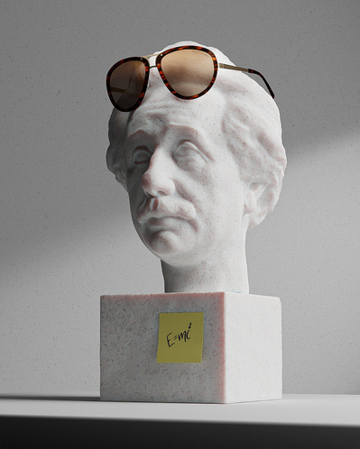 Made with CGI. A Bust of Albert Einstein wearing a pair of sunglasses.