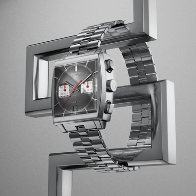 Made with CGI. A Tag Heuer watch on a metal zig zag stand. 