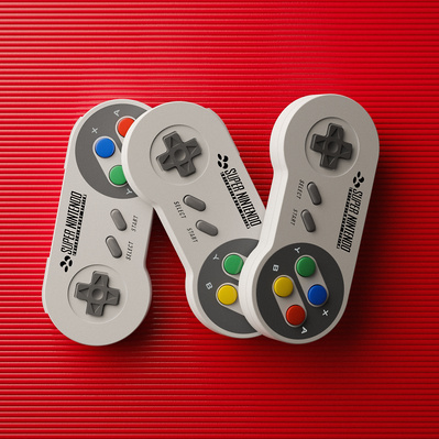 A Nintendo N made out of three Super Nintendo SNES controllers on a red background