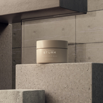 Made with CGI. A beauty product sat on a concrete block. Made for Dr Barbara Sturm