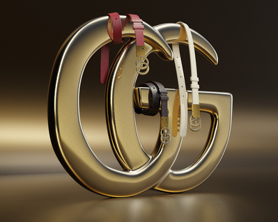 Made with CGI. Four Giorgio Armani belts hanging of a giant GG sign. 