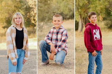 A trio of homeschool portraits featuring three kids posing outdoors with a hint of autumn color in the background. Each child is the focus of their individual portrait, showcasing natural light and authentic expressions in these homeschool portraits.