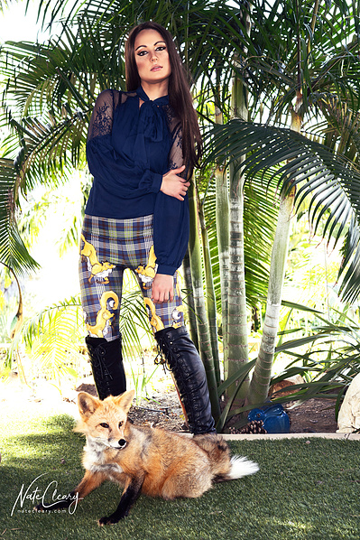 Top Scotland model poses for clothing line with a fox for best Glasgow fashion photographer at commercial photoshoot - Photography by Nate Cleary