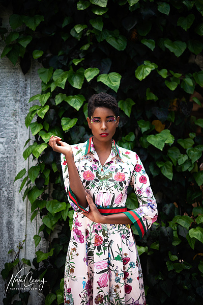 Top Glasgow model poses for clothing line in a garden for best Scotland commercial photographer at fashion photoshoot - Photography by Nate Cleary