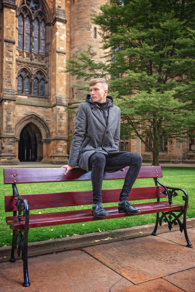 Best model in Scotland poses for clothing line at University of Glasgow for top Scotland commercial photographer in fashion photo shoot - Photography by Nate Cleary