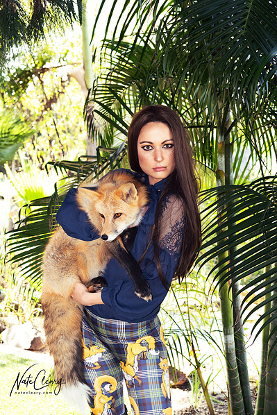 Top Scotland model poses for clothing line with a fox for best Glasgow fashion photographer at commercial photoshoot - Photography by Nate Cleary