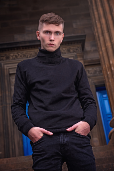 Best model in Scotland poses for clothing line at University of Glasgow for top Scotland commercial photographer in fashion photo shoot - Photography by Nate Cleary