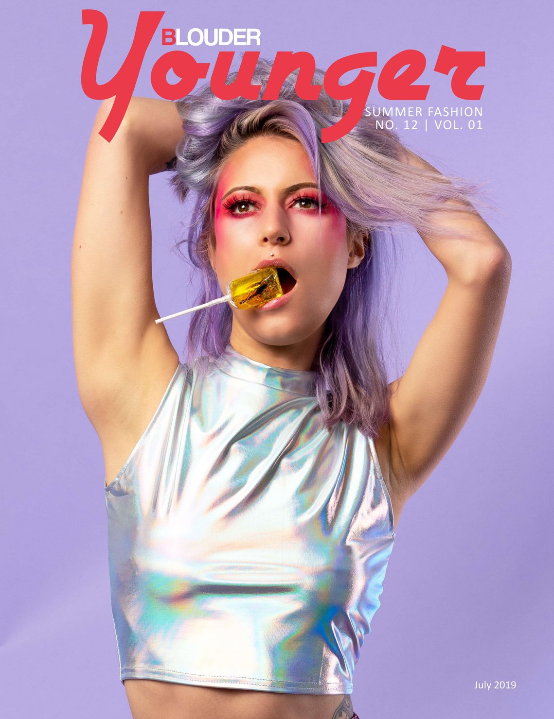 Woman poses during studio fashion photoshoot for magazine B Louder Younger cover publication