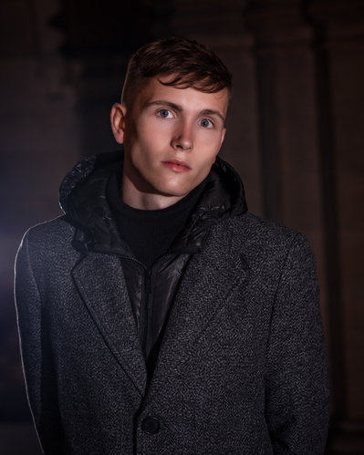 Best model in Scotland poses for clothing line at University of Glasgow for top Scotland commercial photographer in fashion photo shoot - Photography by Nate Cleary
