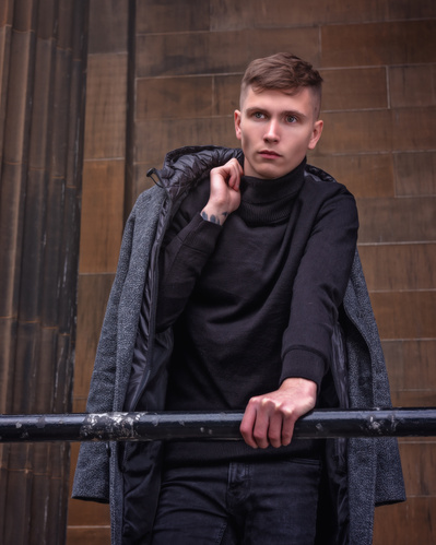 Best model in Scotland poses for clothing line at University of Glasgow for top Scotland commercial photographer in fashion photo shoot - Photography by Nate Cleary