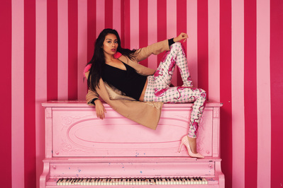 Best model in Glasgow poses for creative leggings brand in studio for top fashion photographer in Scotland at commercial photoshoot - Photography by Nate Cleary