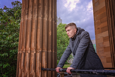 Best model in Scotland poses for clothing line at University of Glasgow for top Scotland commercial photographer in fashion photo shoot - Photography by Nate Cleary