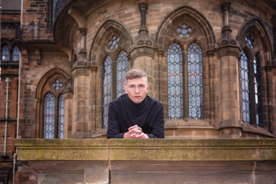 Best model in Scotland poses for clothing line at University of Glasgow for top Scotland commercial photographer in fashion photo shoot - Photography by Nate Cleary