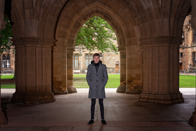Best model in Scotland poses for clothing line at University of Glasgow for top Scotland commercial photographer in fashion photo shoot - Photography by Nate Cleary