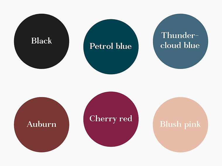 Colour palette of Annelieke van Halen's shoe collection: auburn, blush pink, cherry red, thundercloud blue, petrol blue and black.