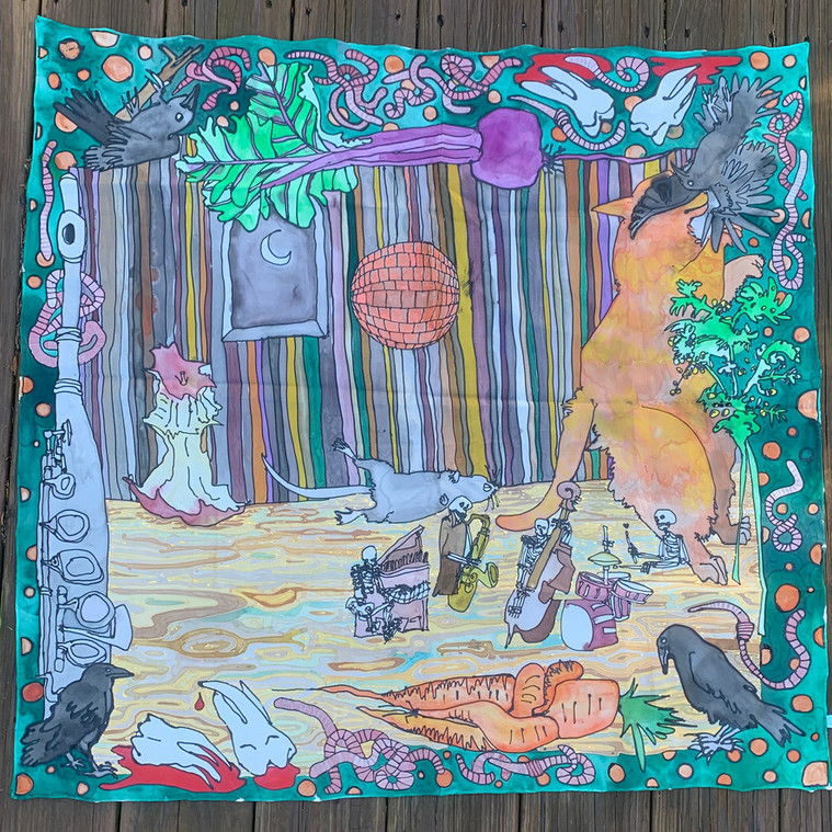 Murder on the Dance Floor, 2' by 2' painting on Habotai silk, 2024 