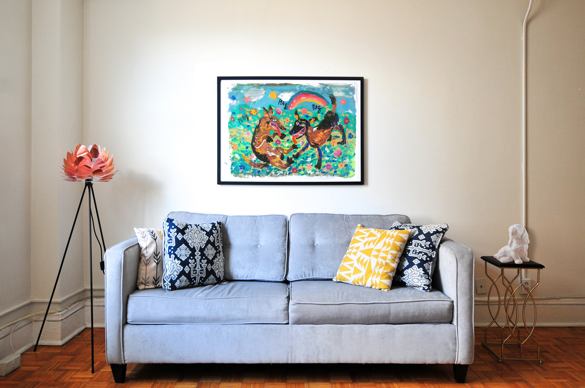 Living-room with dogs painting by lowbrow pop artist Fabi Santiago - picture by  Naomi Hebert