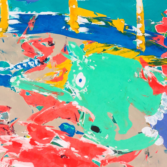 close up of 'Sorry, I ran you over', painting of a dying unicorn by lowbrow artist Fabi Santiago