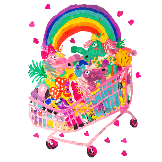 A pop painting of a pink supermarket trolley with unicorn toys and a rainbow - Fabi Santiago Art