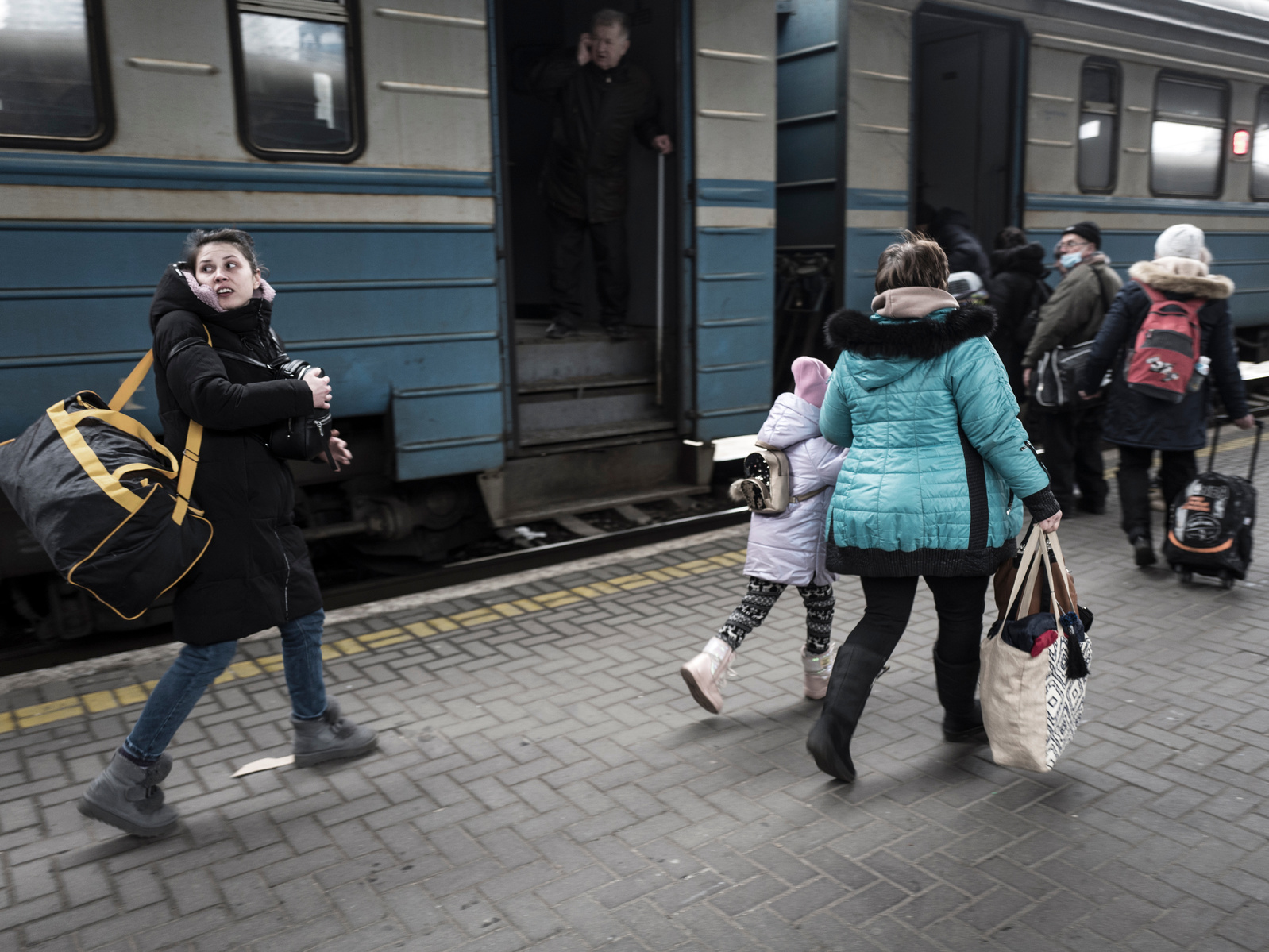 Train departing to Lviv with women and children in Kyiv main rail station, Ukraine. 13 March 2022.