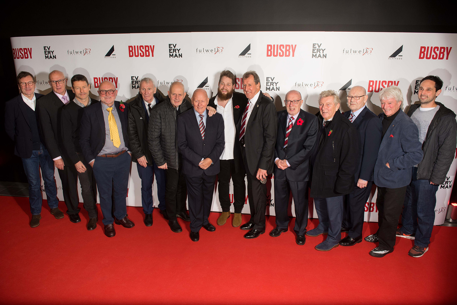 Manchester, England, 11th November 2019. BUSBY World Premiere Screening
at Everyman Cinema. Ex MUFC players with  Joe Pearlman Busby Director (centre) and Daniel Harris Busby Creative Producer (extreme right).