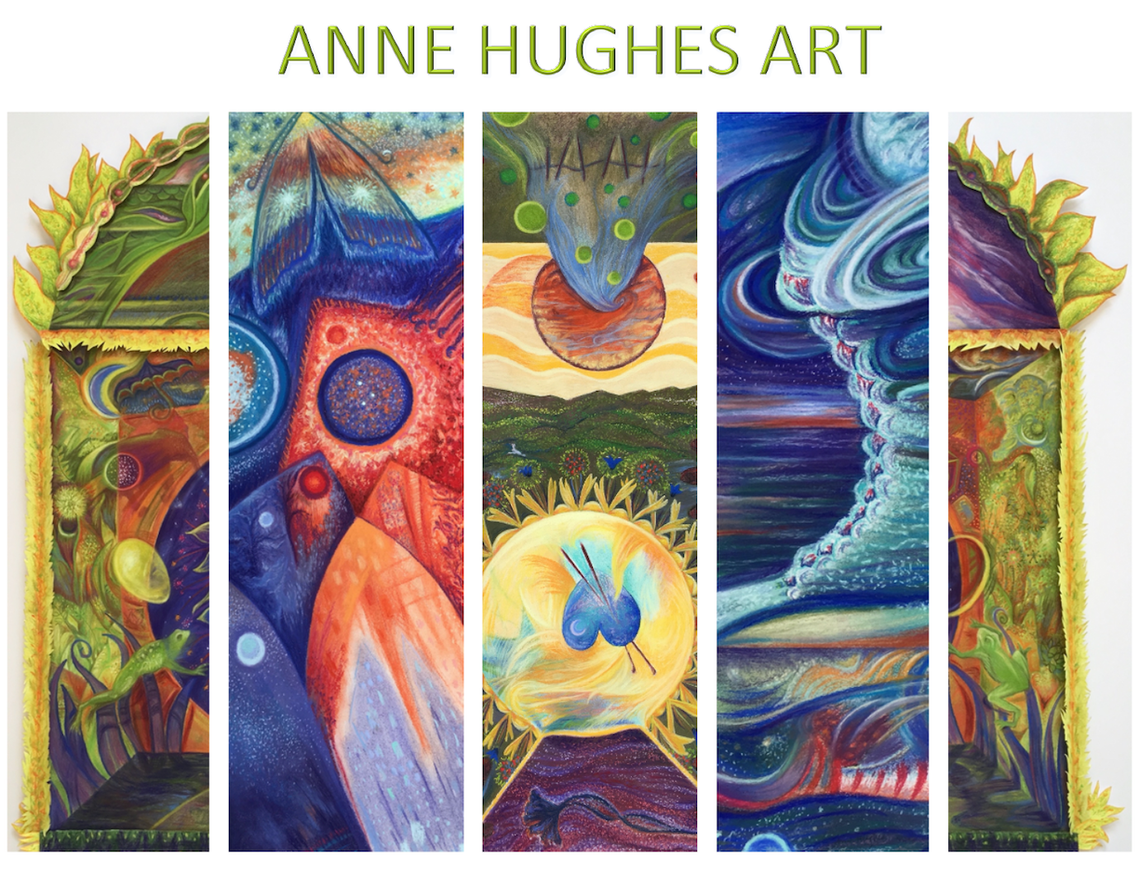 Details of parts of five artworks with writing reading anne hughes art.