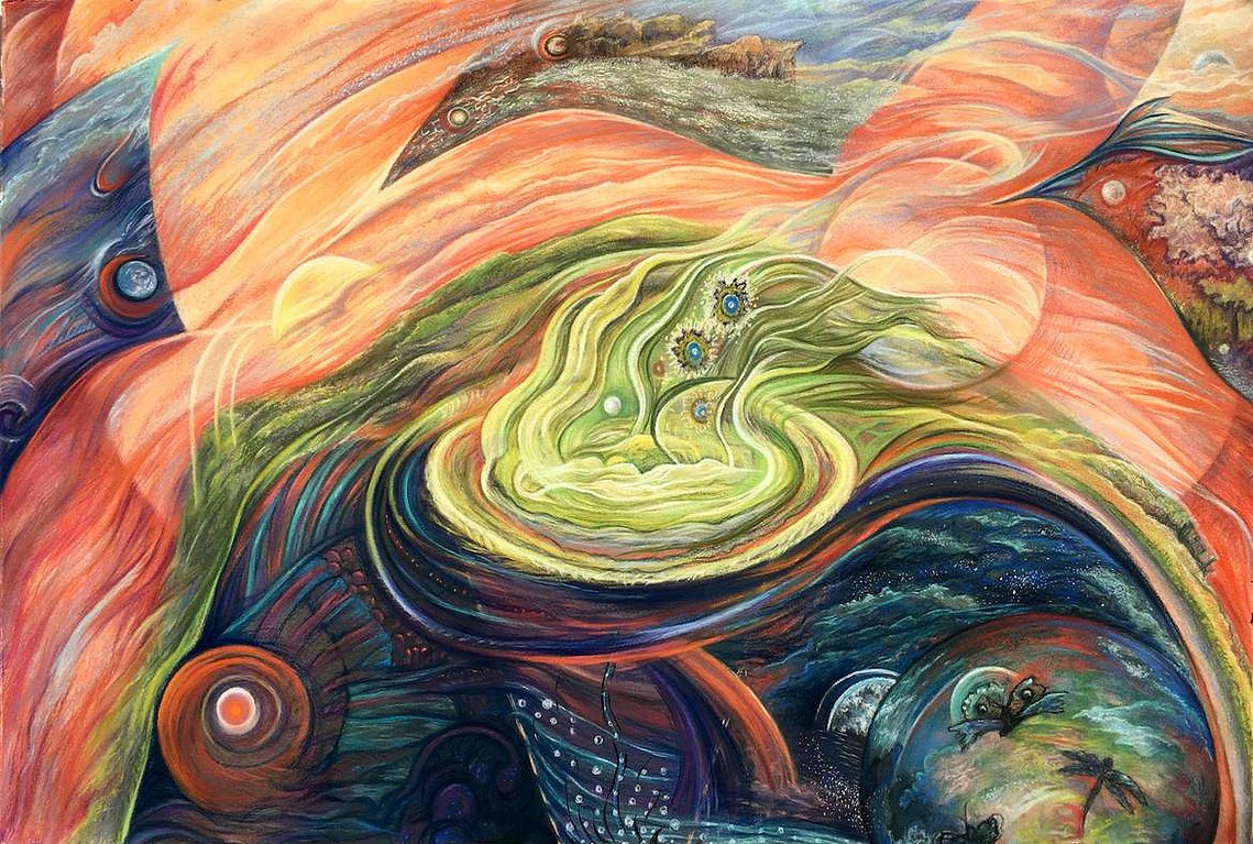 Pictures of nature float across the page over transparent circles suns. Below is a large eye circle, fish, earth, moon, dragonfly, butterfly, and a bubbling center of light green.