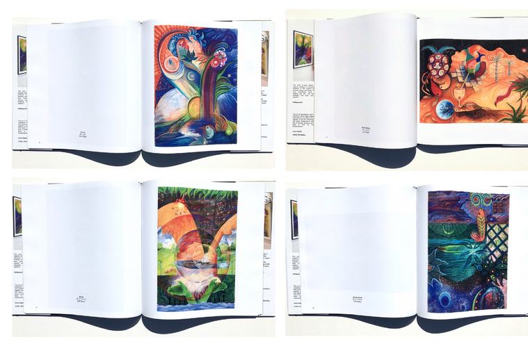 4 pages of a book with art images in full color.