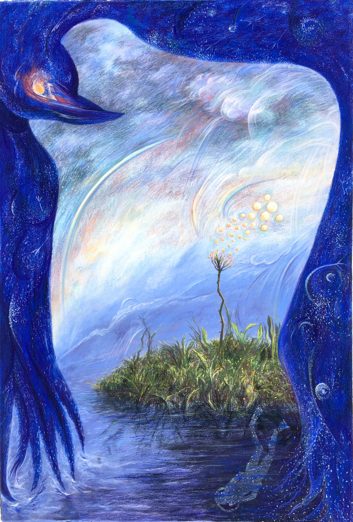 A bird of night sky wraps around an island of plants that reach toward the light of the day sky. The positive and negative large shapes interlock.