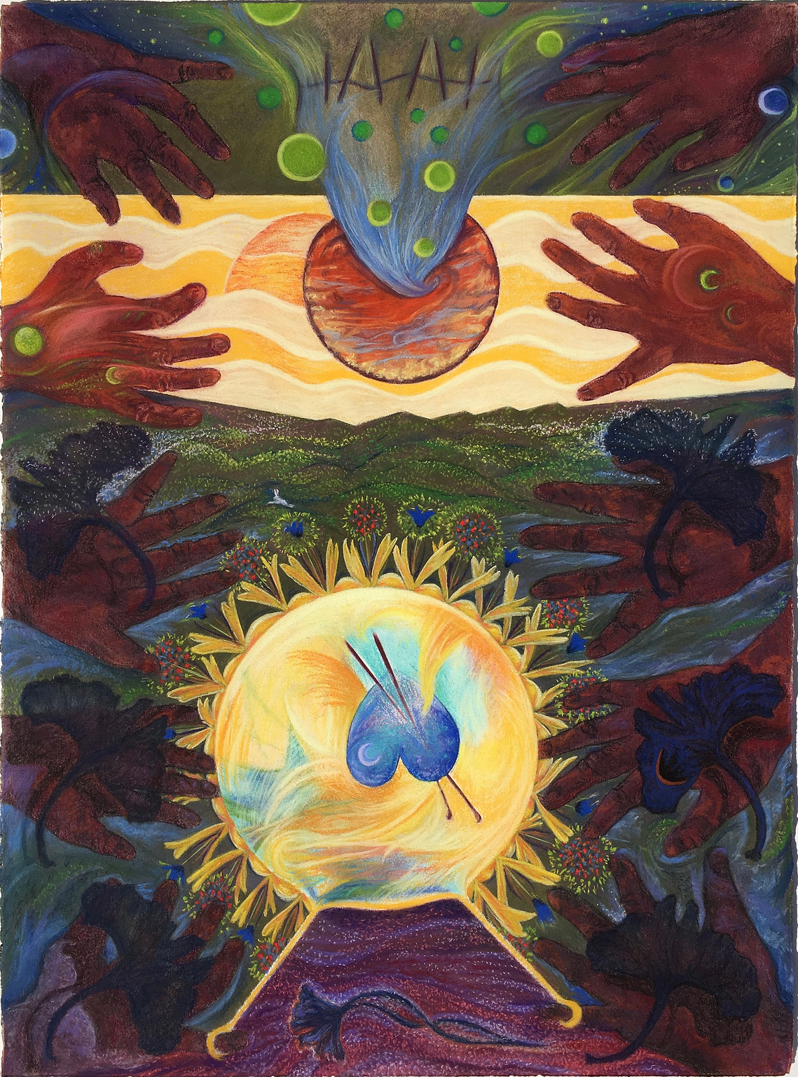 Hands reach out through space and nature. A rabbit leaps in the background.