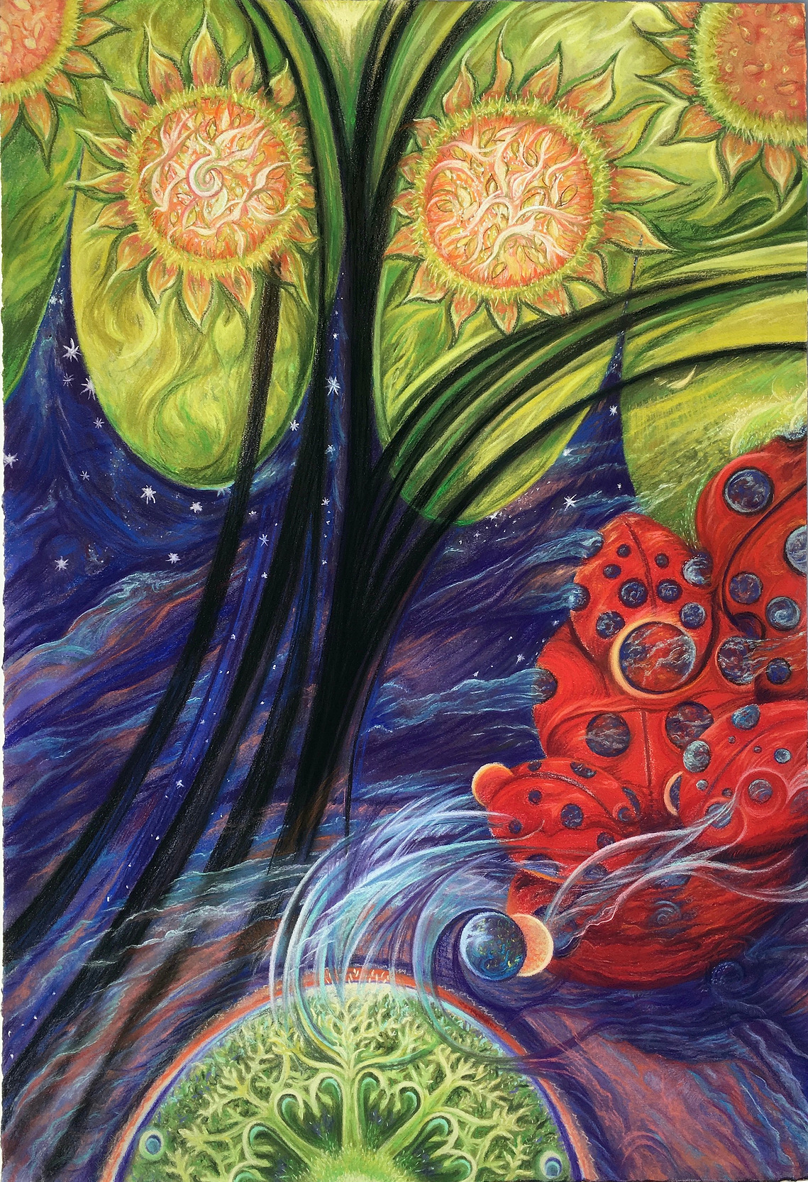 Green surrounds sunflowers above the night sky where ladybug worlds float above the tree hearted earth.