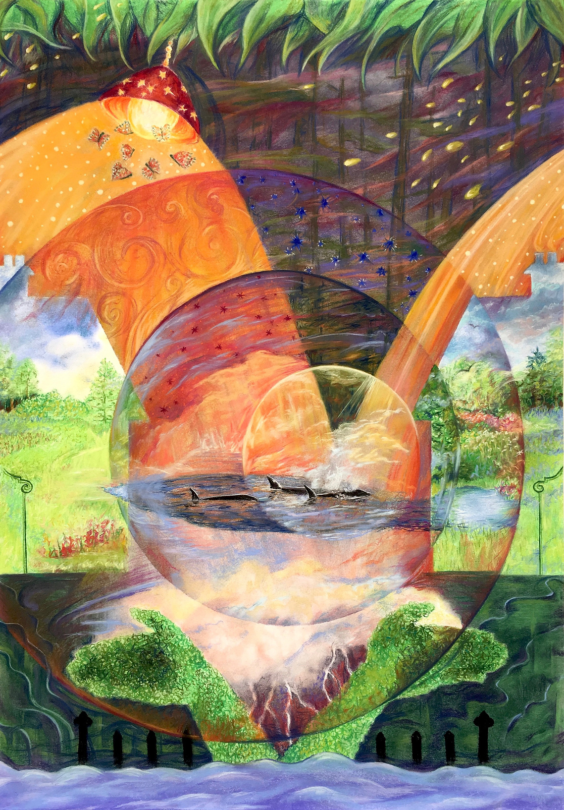 Concentric circles overlaid on a house and pond shaped fish with topiary hands, stylized water and leaves.