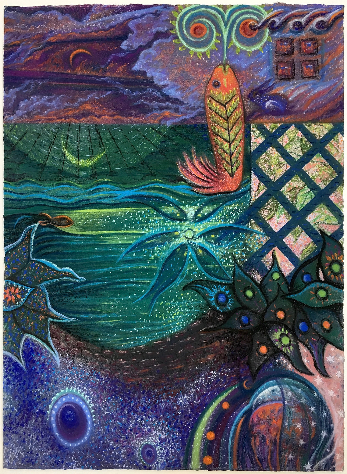 A fish jumps from the sea spouting water and waves. A rabbit contains the moon and is perched on the edge of a lattice. Jelly fish, star fish and sardines congregate below.