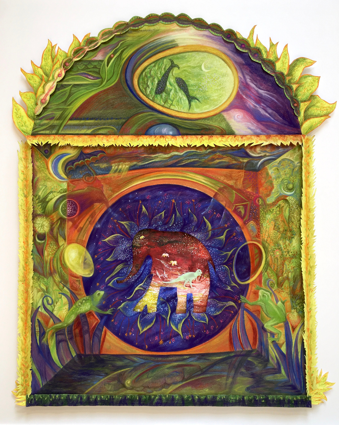 Green leaves, elephants floating in outer space, cut paper, strong color of purple, oranges and greens.