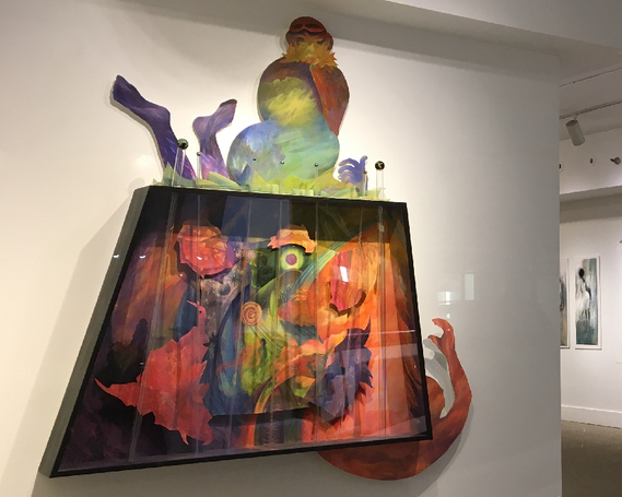 Symbolic shapes and colors spill out of a deep frame evoking a circus of life in flux.