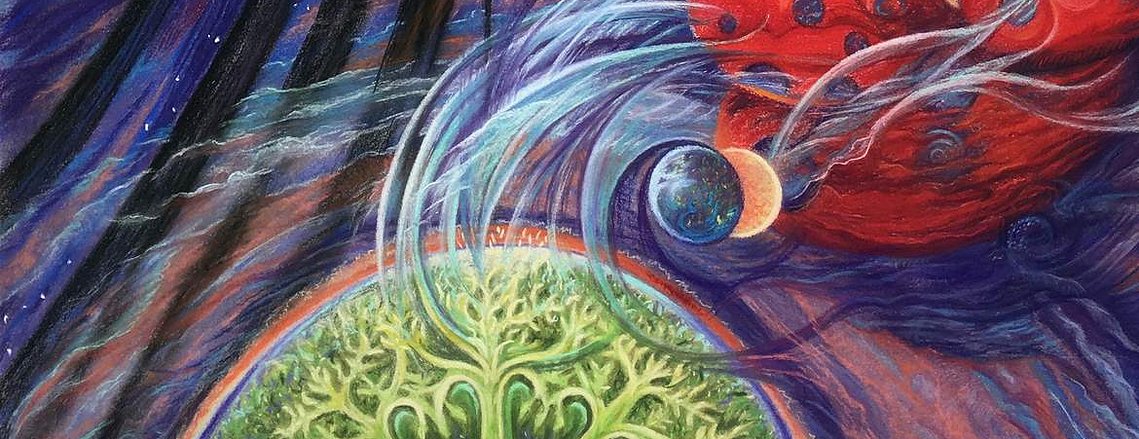 A partial view of an imaginative artwork Under Canopies shows lady bug worlds in blues and reds moving through space over a green orb of trees and hearts.