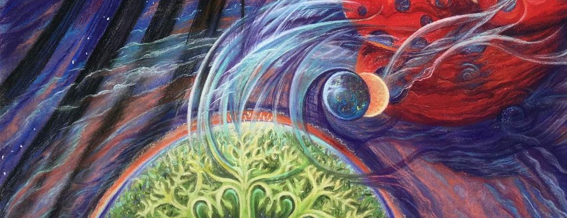 Detail of Under Canopies with lady bug worlds moving through space and a green orb of trees and hearts.