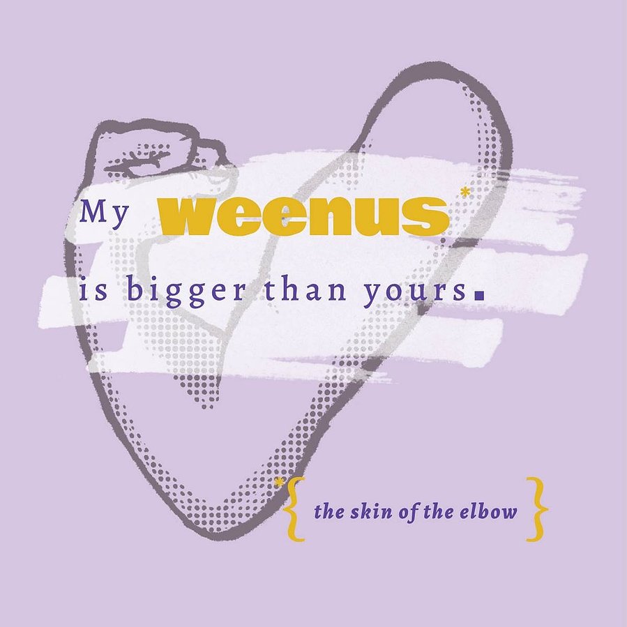 A purple coaster shows a drawing of an arm. Text overlays the drawing that says "My weenus is bigger than yours."