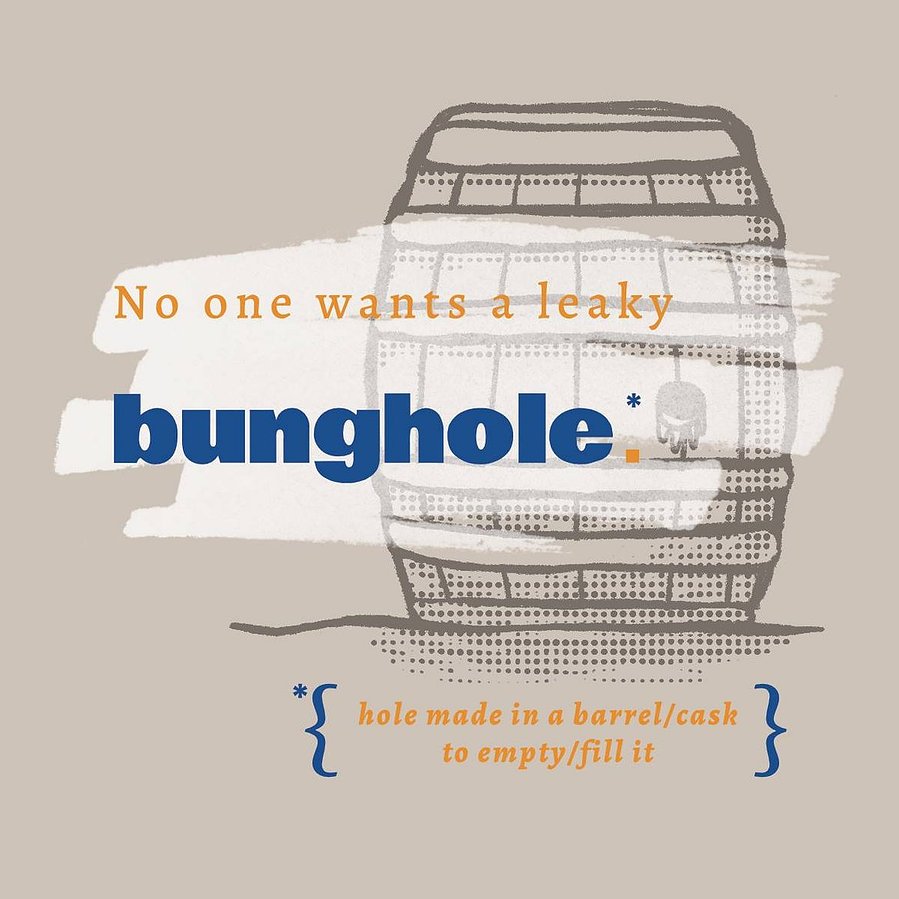 A brown coaster shows a drawing of a barrel with a hole in it. Text overlays the drawing that says "No one wants a leaky bunghole."