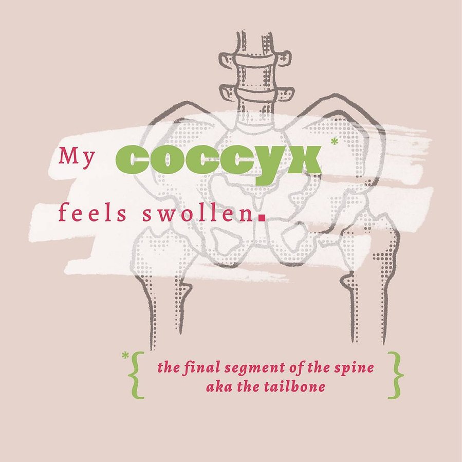 A pale orange coaster shows a drawing of the skeletal pelvic area. Text overlays the drawing that says "My coccyx feels swollen."