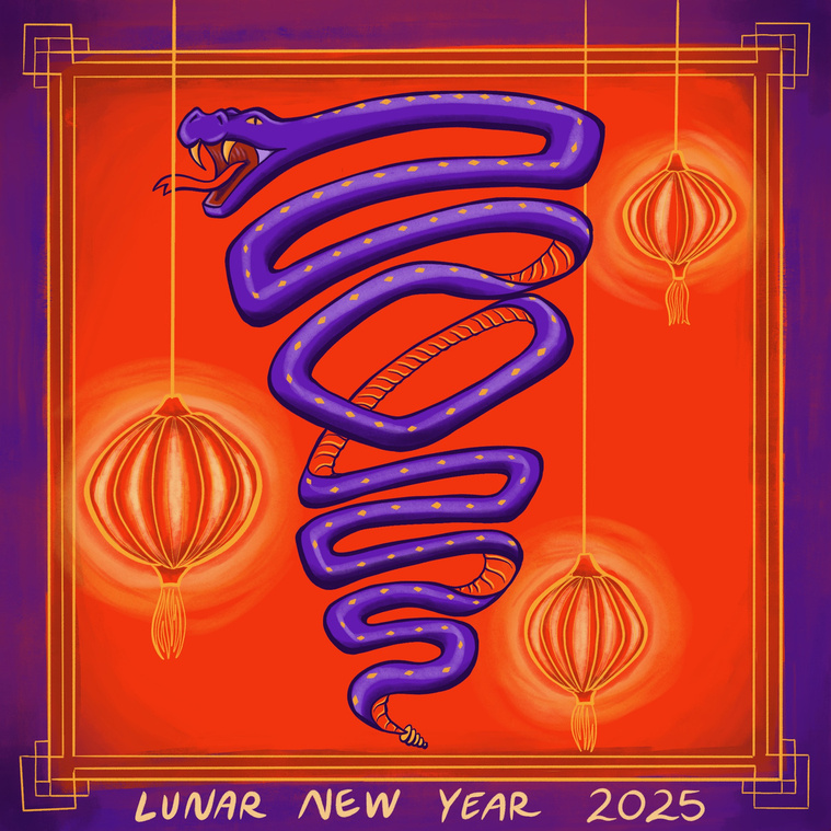 A digital illustration celebrating 2025 as the Year of the Snake. There is a purple snake in the center against a red background, its body twists around to spell out 2025 down vertically. There are 3 glowing lanterns that hang next to the snake.