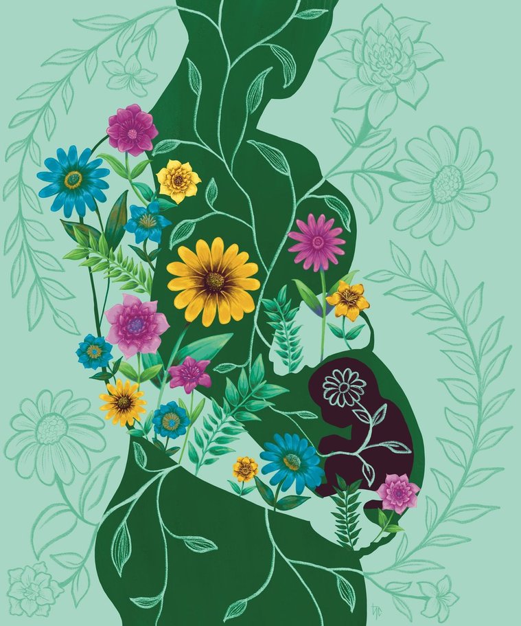 An illustration of a green silhouette of a pregnant woman holding her belly. Several colorful flowers are sprouting from her.