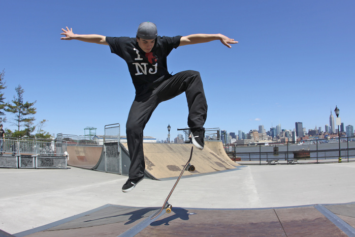 Skater takes flight at the Hoboken Skate Park.