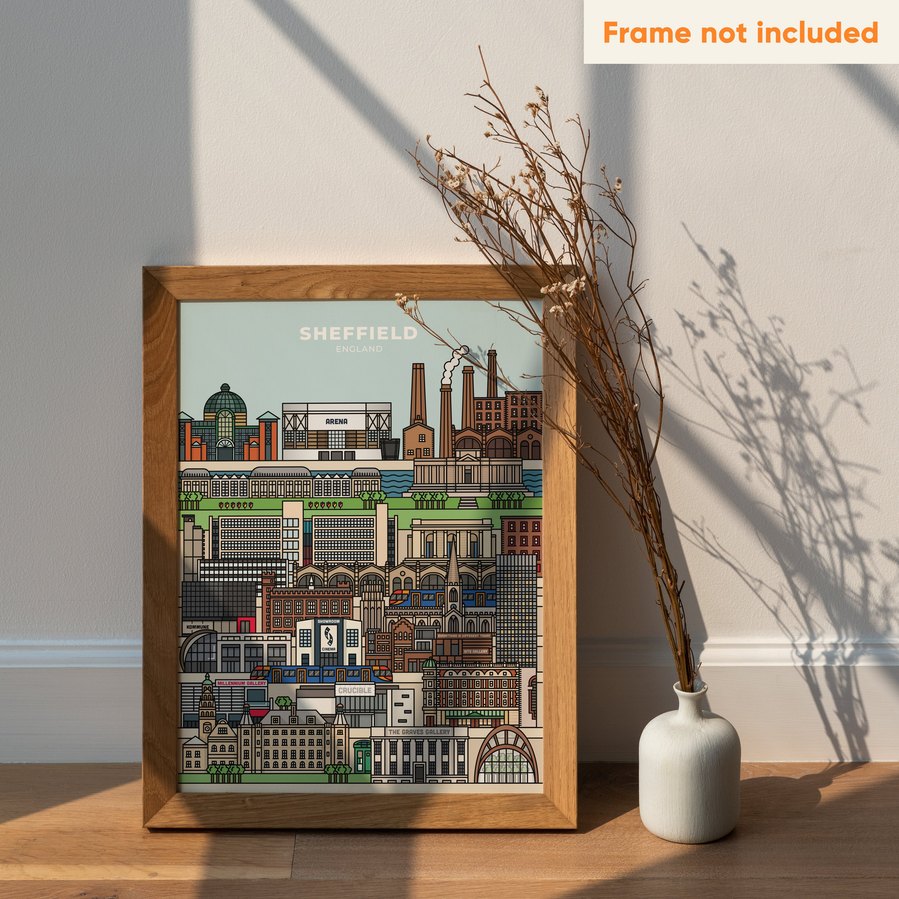 This Sheffield-illustrated poster is the perfect gift for anyone who loves the city! The vibrant illustration includes landmarks from Sheffield and is a perfect addition to any home or workspace.